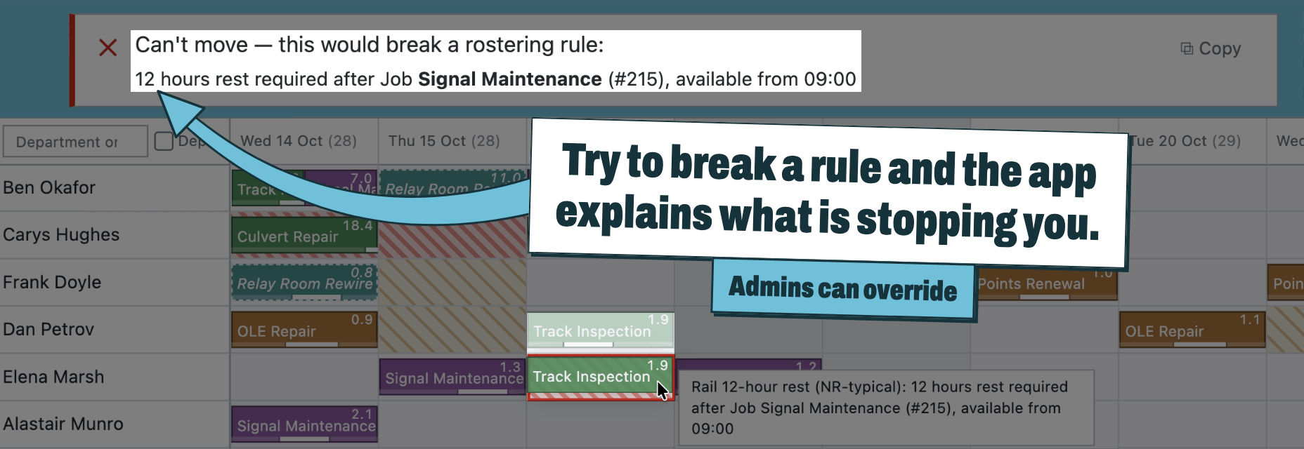 A shift being dragged onto a red cell, with a tooltip reading that twelve hours rest is required after the previous job